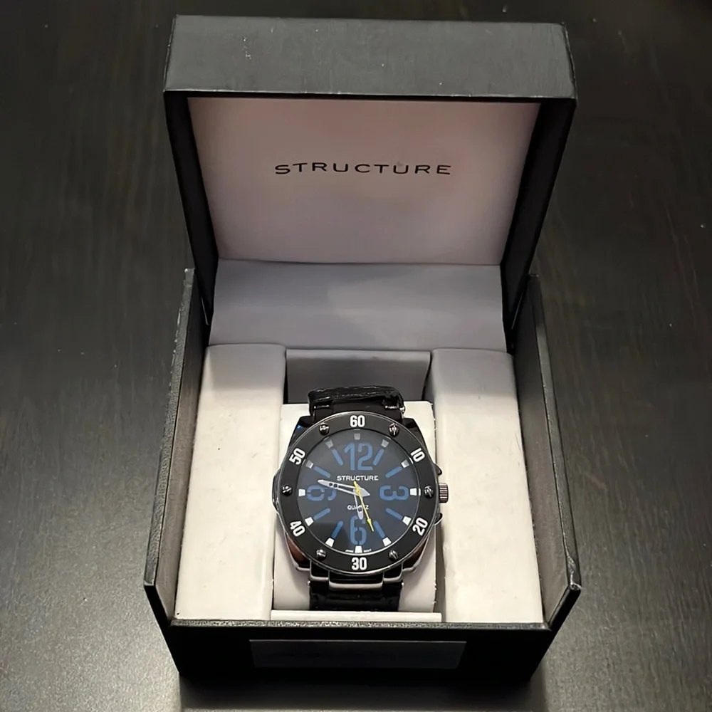 Large Face Black & Blue Structure Watch, New in Box - some defects, see photos